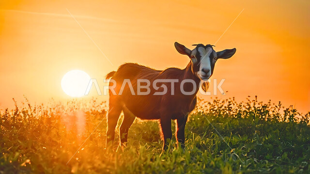 العناية والاهتمام بالثدييات في المملكة العربية السعودية, تربية الحيوانات والمواشي في المحميات الطبيعية، حيوان الماعز في الحقل وسط الأعشاب الخضراء, قربان وأضحية عيد الأضحى المبارك, مشهد السماء وقت غروب الشمس