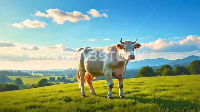 Caring for mammals in the Kingdom of Saudi Arabia, raising and caring for animals and livestock, a large white cow grazing on the farm amid green grass, the background of a sky full of clouds, the offering and sacrifice of Eid Al-Adha