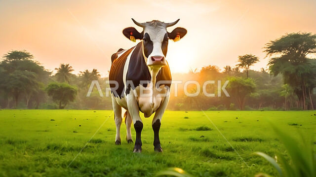تربية الحيوانات والمواشي والاهتمام بها, المحميات الطبيعية للثدييات في المملكة العربية السعودية, بقرة كبيرة ترعى في المزرعة وسط الأعشاب الخضراء, خلفية السماء وقت غروب الشمس، قربان وأضحية عيد الأضحى المبارك