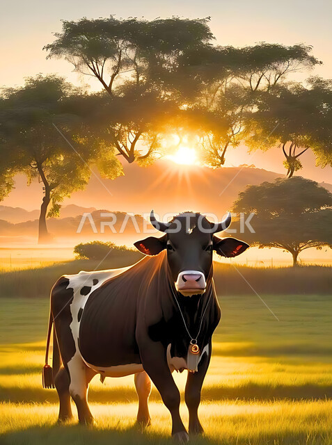 المصدر الرئيسي للحليب, المحميات الطبيعية للثدييات في المملكة العربية السعودية, تربية الحيوانات والمواشي والاهتمام بها, بقرة كبيرة ترعى في المزرعة وسط الأعشاب الخضراء, خلفية السماء وقت غروب الشمس، قربان وأضحية عيد الأضحى المبارك