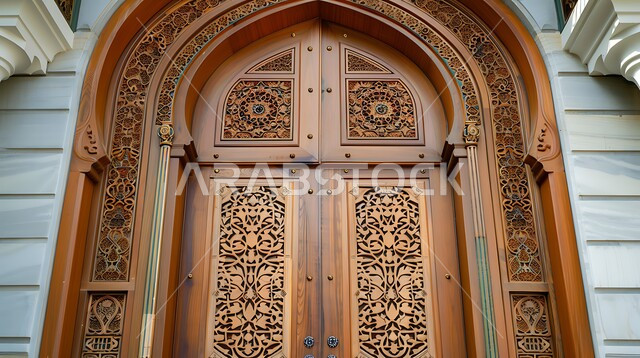 Doors made in the old wooden style, architectural engineering arts and Islamic designs for old doors in the Kingdom of Saudi Arabia, a wooden door carved with Arab heritage engravings and decorations