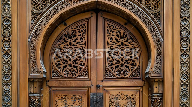 Doors made in the old wooden style, architectural engineering arts and Islamic designs for old doors in the Kingdom of Saudi Arabia, a wooden door carved with Arab heritage engravings and decorations