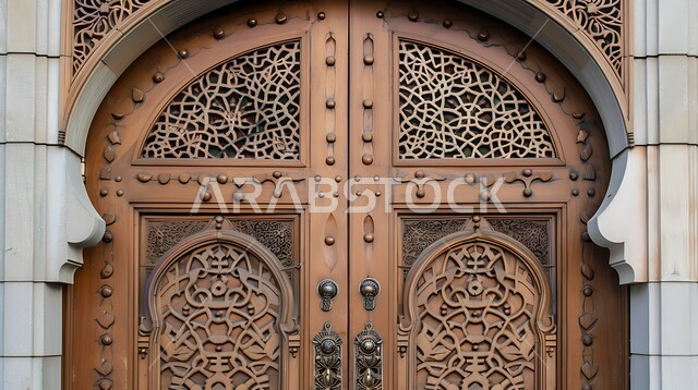 Doors made in the old wooden style, architectural engineering arts and Islamic designs for old doors in the Kingdom of Saudi Arabia, a wooden door carved with Arab heritage engravings and decorations