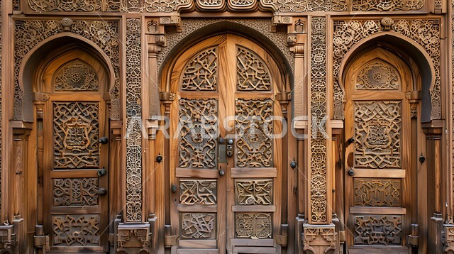 Architectural engineering arts and Islamic designs for old doors in the Kingdom of Saudi Arabia, doors made in the old wooden style, a wooden door carved with Arab heritage engravings and decorations