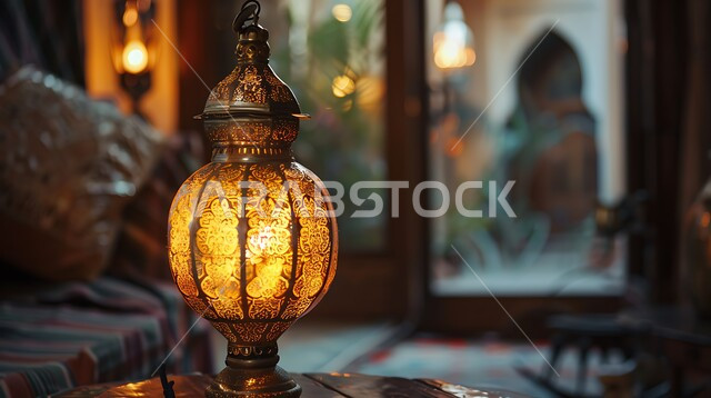 فوانيس انيقة لشهر رمضان، مصباح معدني تقليدي مضيء في المنزل، الاحتفال بالشهر الفضيل، أجواء رمضانية روحانية، تحف وتصاميم وديكورات هندسية اسلامية، زينة وأنوار شهر الخير