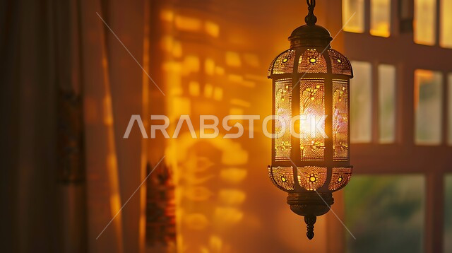 فوانيس انيقة لشهر رمضان، مصباح معدني تقليدي مضيء في المنزل، الاحتفال بالشهر الفضيل، أجواء رمضانية روحانية، تحف وتصاميم وديكورات هندسية اسلامية، زينة وأنوار شهر الخير