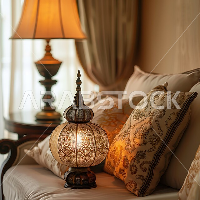 فوانيس انيقة لشهر رمضان، مصباح معدني تقليدي مضيء في المنزل، الاحتفال بالشهر الفضيل، أجواء رمضانية روحانية، تحف وتصاميم وديكورات هندسية اسلامية، زينة وأنوار شهر الخير