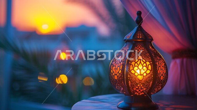 فوانيس انيقة لشهر رمضان، مصباح معدني تقليدي مضيء في المنزل، الاحتفال بالشهر الفضيل، أجواء رمضانية روحانية، تحف وتصاميم وديكورات هندسية اسلامية، زينة وأنوار شهر الخير