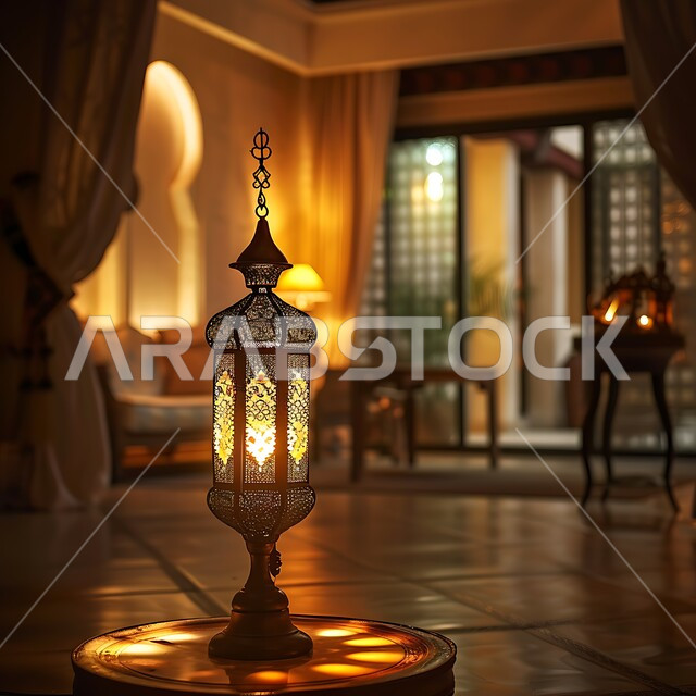 مصباح معدني تقليدي مضيء في المنزل، فوانيس انيقة لشهر رمضان، الاحتفال بالشهر الفضيل، أجواء رمضانية روحانية، تحف وتصاميم وديكورات هندسية اسلامية، زينة وأنوار شهر الخير