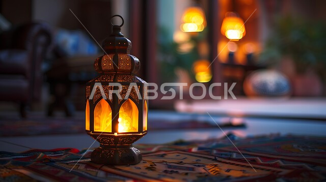 مصباح معدني تقليدي مضيء في المنزل، فوانيس انيقة لشهر رمضان، الاحتفال بالشهر الفضيل، أجواء رمضانية روحانية، تحف وتصاميم وديكورات هندسية اسلامية، زينة وأنوار شهر الخير