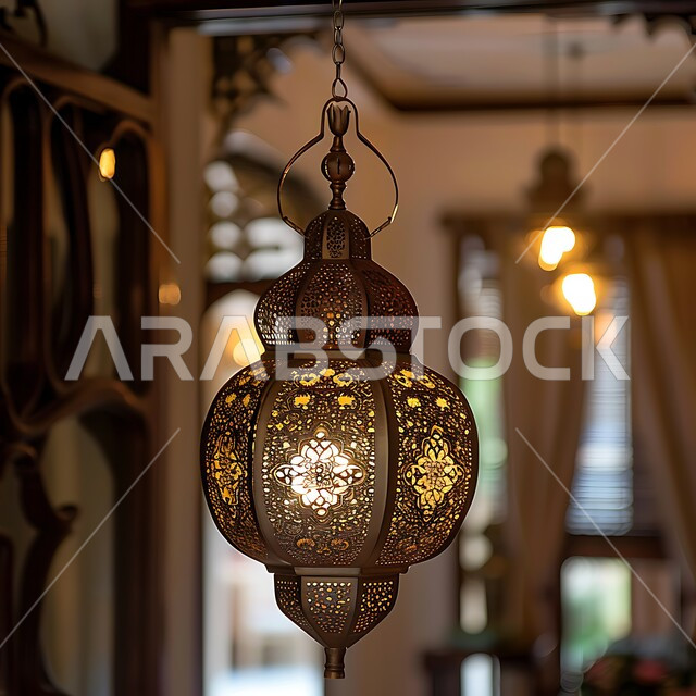مصباح معدني تقليدي مضيء في المنزل، فوانيس انيقة لشهر رمضان، الاحتفال بالشهر الفضيل، أجواء رمضانية روحانية، تحف وتصاميم وديكورات هندسية اسلامية، زينة وأنوار شهر الخير