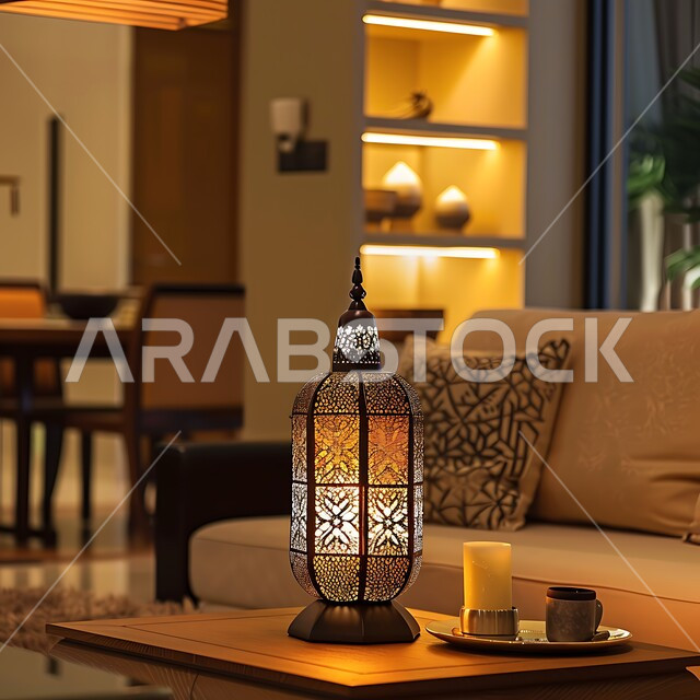 مصباح معدني تقليدي مضيء في المنزل، فوانيس انيقة لشهر رمضان، الاحتفال بالشهر الفضيل، أجواء رمضانية روحانية، تحف وتصاميم وديكورات هندسية اسلامية، زينة وأنوار شهر الخير