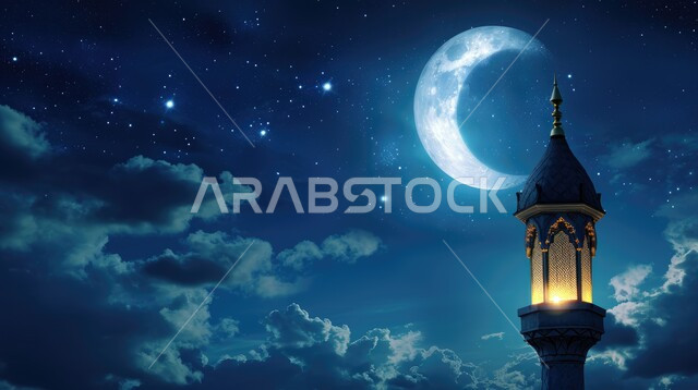 تصميم مآذن المسجد في وضع الليل، منظر طبيعي للنجوم المتناثره في السماء ليلا,  العباده والتقرب الى الله واداء الصلاه في المساجد، خلفيات وديكورات رمضانيه، الفن الهندسي المعماري على الطراز الاسلامي