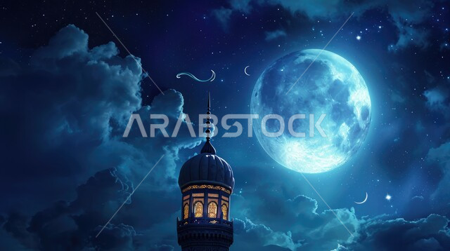 منظر طبيعي للنجوم المتناثره في السماء ليلا, تصميم مآذن المسجد في وضع الليل، العباده والتقرب الى الله واداء الصلاه في المساجد، خلفيات وديكورات رمضانيه، الفن الهندسي المعماري على الطراز الاسلامي