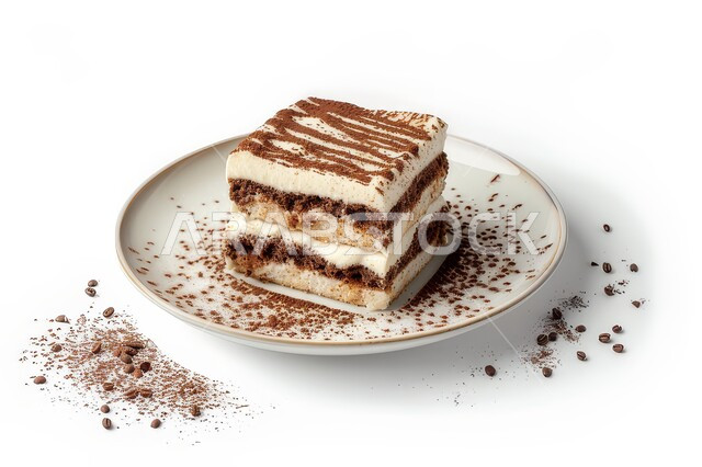 A delicious piece of cheesecake decorated with cocoa, cheesecake with layers of cream, high-calorie sweets and sugars, delicious candy pieces, cold and delicious sweets, white background.