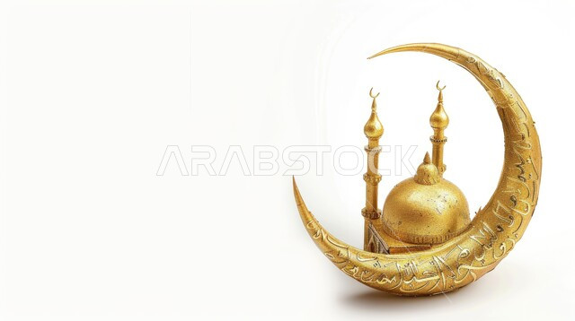 مجسم ثلاثي الابعاد لهلال و مسجد مع قبب ومآذن باللون الذهبي، آداء الصلوات والفرائض، ديكورات متميزة على الطراز الإسلامي الحديث، العبادة والتقرب الى الله تعالى، أجواء الروحانية والاحتفال بالمناسبات والأعياد الدينية، خلفية بيضاء