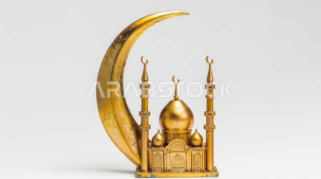 مجسم ثلاثي الابعاد لهلال و مسجد مع قبب ومآذن باللون الذهبي، آداء الصلوات والفرائض، ديكورات متميزة على الطراز الإسلامي الحديث، العبادة والتقرب الى الله تعالى، أجواء الروحانية والاحتفال بالمناسبات والأعياد الدينية، خلفية بيضاء