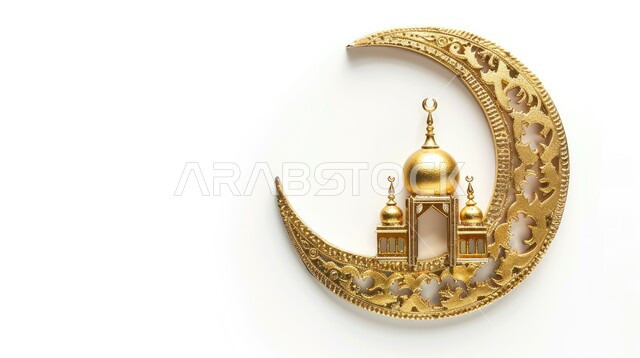 مجسم ثلاثي الابعاد لهلال و مسجد مع قبب ومآذن باللون الذهبي، آداء الصلوات والفرائض، ديكورات متميزة على الطراز الإسلامي الحديث، العبادة والتقرب الى الله تعالى، أجواء الروحانية والاحتفال بالمناسبات والأعياد الدينية، خلفية بيضاء