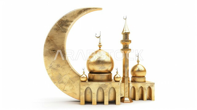 مجسم ثلاثي الابعاد لهلال و مسجد مع قبب ومآذن باللون الذهبي، آداء الصلوات والفرائض، ديكورات متميزة على الطراز الإسلامي الحديث، العبادة والتقرب الى الله تعالى، أجواء الروحانية والاحتفال بالمناسبات والأعياد الدينية، خلفية بيضاء