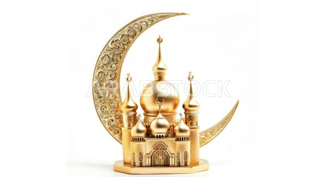 مجسم ثلاثي الابعاد لهلال و مسجد مع قبب ومآذن باللون الذهبي، آداء الصلوات والفرائض، ديكورات متميزة على الطراز الإسلامي الحديث، العبادة والتقرب الى الله تعالى، أجواء الروحانية والاحتفال بالمناسبات والأعياد الدينية، خلفية بيضاء
