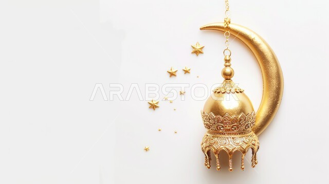 آداء الصلوات والفرائض، مجسم ثلاثي الابعاد لهلال و مسجد مع قبب باللون الذهبي، ديكورات متميزة على الطراز الإسلامي الحديث، العبادة والتقرب الى الله تعالى، أجواء الروحانية والاحتفال بالمناسبات والأعياد الدينية، خلفية بيضاء