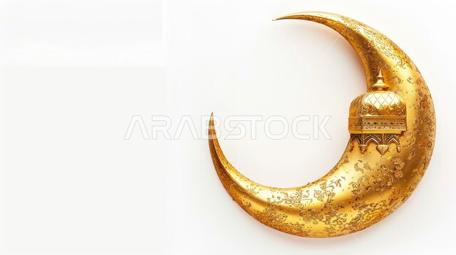 آداء الصلوات والفرائض، مجسم ثلاثي الابعاد لهلال و مسجد مع قبب باللون الذهبي، ديكورات متميزة على الطراز الإسلامي الحديث، العبادة والتقرب الى الله تعالى، أجواء الروحانية والاحتفال بالمناسبات والأعياد الدينية، خلفية بيضاء