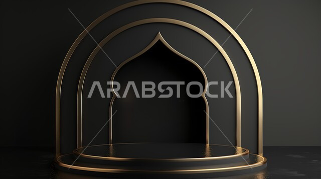 3D Islamic decorations background in black, 3D models of mosques and domes, decorations for holidays and religious occasions, may you be blessed, the coming of the month of goodness