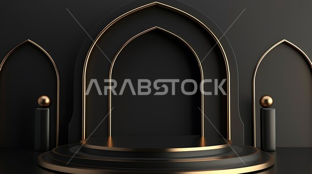 مجسمات ثلاثية الابعاد لمساجد وقبب، خلفية زخارف اسلاميه ثري دي باللون الاسود، زينة الاعياد والمناسبات الدينية، عساكم من عواده ، قدوم شهر الخير