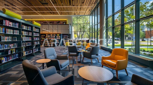 أماكن هادئة للمطالعة والقراءة, تصاميم عصرية حديثة للمكتبات في السعودية، واجهات زجاجية كبيرة, تجهيزات مكتبية حديثة وأثاث أنيق ومريح، رفوف خشبية ممتلئة بالكتب والقصص والمجلدات المرتبة