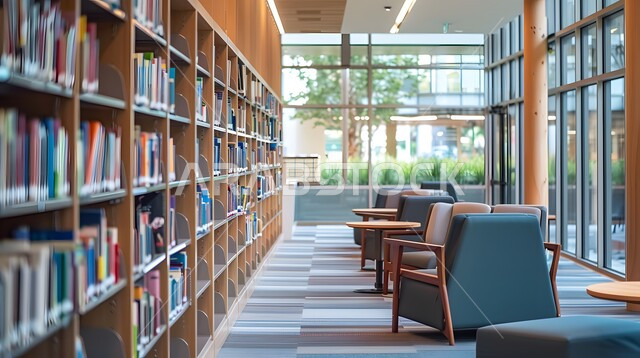 تصاميم عصرية حديثة للمكتبات في السعودية، واجهات زجاجية كبيرة, تجهيزات مكتبية حديثة وأثاث أنيق ومريح، رفوف خشبية ممتلئة بالكتب والقصص والمجلدات المرتبة, أماكن هادئة للمطالعة والقراءة