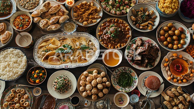 مائدة طعام مليئة بالوجبات المتنوعة الرمضانية، سفرة من المأكولات الشعبية التقليدية الشهية، أجواء شهر رمضان المبارك، العزائم والولائم في الأعياد والمناسبات الإسلامية، المقبلات والأطباق والأصناف العربية الشرقية اللذيذة