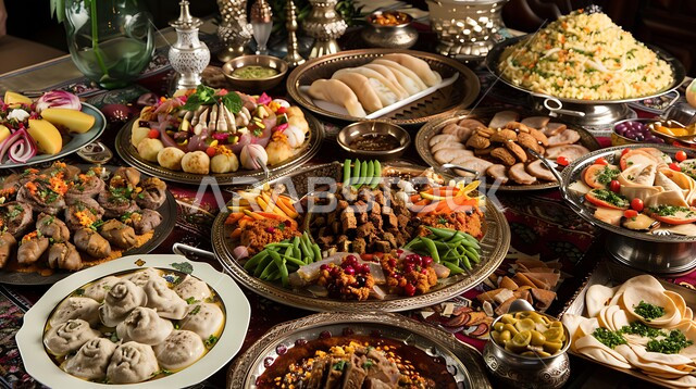 مائدة طعام مليئة بالوجبات المتنوعة الرمضانية، سفرة من المأكولات الشعبية التقليدية الشهية، أجواء شهر رمضان المبارك، العزائم والولائم في الأعياد والمناسبات الإسلامية، المقبلات والأطباق والأصناف العربية الشرقية اللذيذة