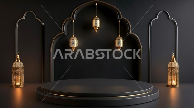 3D models of mosques, domes and lanterns, 3D Islamic decorations background in black, decorations for holidays and religious occasions, may you be blessed, the coming of the month of goodness