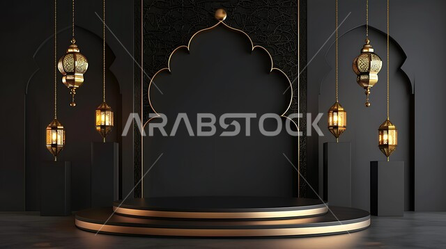 مجسمات ثلاثية الابعاد لمساجد وقبب وفوانيس، خلفية زخارف اسلاميه ثري دي باللون الاسود، زينة الاعياد والمناسبات الدينية، عساكم من عواده ، قدوم شهر الخير