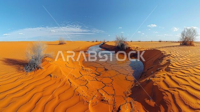 The dunes and sand peaks in the deserts, the vast desert areas extending along the horizon, form a scene of the intermingling of the colors of the bright golden desert sand with the background of the cloudy blue sky, the dry Gulf natural environment.