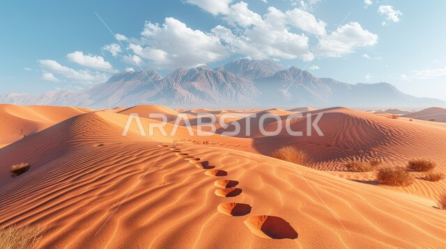 البيئة الطبيعية الخليجية الجافة، تشكل الكثبان والقمم الرملية في الصحاري, المساحات الصحراوية الشاسعة الممتدة على طول الأفق, مشهد لتداخل ألوان رمال الصحراء الذهبية اللامعة مع خلفية السماء الزرقاء الملبدة بالغيوم 