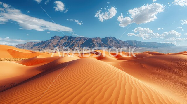  مشهد لتداخل ألوان رمال الصحراء الذهبية اللامعة مع خلفية السماء الزرقاء الملبدة بالغيوم, المساحات الصحراوية الشاسعة الممتدة على طول الأفق, تشكل الكثبان والقمم الرملية في الصحاري, البيئة الطبيعية الخليجية الجافة