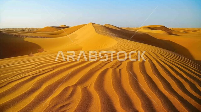 المساحات الصحراوية الشاسعة الممتدة على طول الأفق, تشكل الكثبان والقمم الرملية في الصحاري, مشهد لتداخل ألوان رمال الصحراء الذهبية اللامعة مع خلفية السماء الزرقاء الملبدة بالغيوم, البيئة الطبيعية الخليجية الجافة