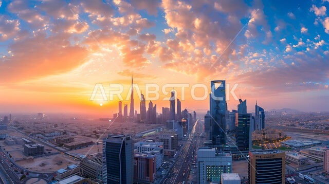 السماء الملبدة بالغيوم في وقت الغروب, النمو والتطور العمراني للبناء في المملكة, منظر تخيلي للأبراج العالية وناطحات السحاب الشامخة في المستقبل, الفن الهندسي المعماري في تصميم الفنادق والعمارات, رؤية مستقبلية سعودية 2030