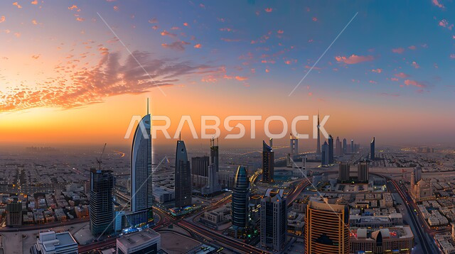 الفن الهندسي المعماري في تصميم الفنادق والعمارات, منظر تخيلي للنمو والتطور العمراني للبناء في مستقبل المملكة, الأبراج العالية وناطحات السحاب الشامخة, رؤية مستقبلية سعودية 2030, خلفية السماء في وقت الغروب