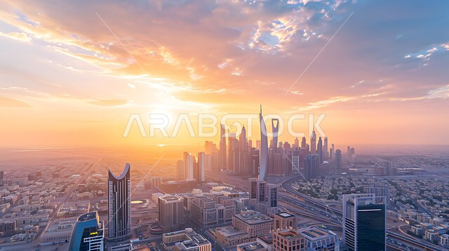 التقدم العمراني للبناء في المملكة, منظر تخيلي للأبراج العالية وناطحات السحاب الشامخة, الفن الهندسي المعماري في تصميم الفنادق والعمارات, رؤية مستقبلية سعودية 2030, خلفية السماء في وقت الغروب