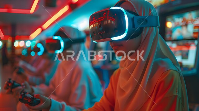 تقنيات حديثة الكترونية وأجهزة تكنولوجية، استخدام تقنية الفي آر، التفاعل ومحاكاة العالم الخيالي, صورة مقربة من الجانب لامرأة عربية خليجية سعودية محجبة تضع نظارات الواقع الافتراضي, الاستمتاع في قضاء اوقات ترفيهية
