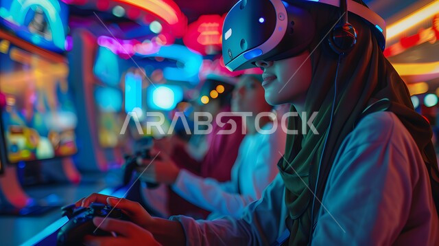 تقنيات حديثة الكترونية وأجهزة تكنولوجية، استخدام تقنية الفي آر، التفاعل ومحاكاة العالم الخيالي, صورة مقربة من الجانب لامرأة عربية خليجية سعودية محجبة تضع نظارات الواقع الافتراضي وتلعب باستخدام جهاز التحكم, الاستمتاع في قضاء اوقات ترفيهية