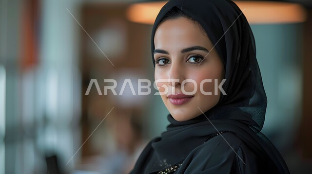 Concern with elegance and external appearance, the concept of femininity and softness, modern and elegant veiled fashion, a close-up photo of a veiled Saudi Gulf Arab young woman wearing an abaya, looking at the camera with an expression of self-confidence, a blurry background