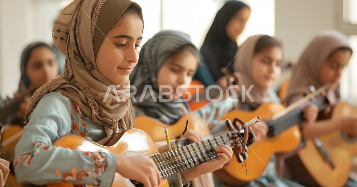 Practicing the hobby of playing stringed instruments, a group of Saudi ...