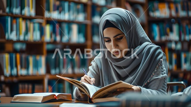 قضاء الوقت بقراءة ومراجعة الدروس اليومية في مكتبات الجامعة، صورة مقربة لطالبة عربية خليجية سعودية محجبة تجلس في المكتبة تقوم بالدراسة بإيماءات التركيز والاجتهاد، تدوين الملاحظات وكتابة التقارير والأبحاث العلمية