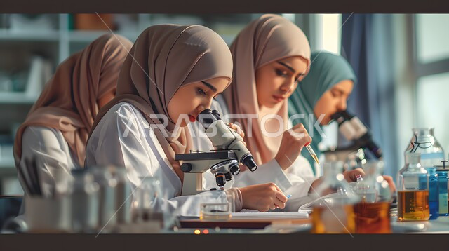 البحث والتطور والقيام باختبارات علمية, إجراء التجارب الكيميائية في المختبر باستخدام أنابيب الاختبار, الجلوس في معمل الكيمياء, صورة مقربة لمجموعة من الطلاب العرب الخليجيين السعوديين في المخبر يقومون بفحص العينات باستخدام المجهر