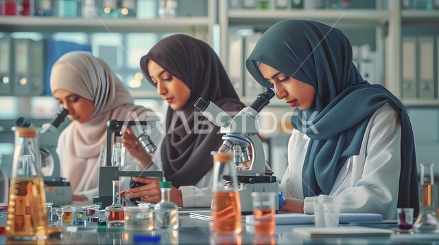 البحث والتطور والقيام باختبارات علمية, إجراء التجارب الكيميائية في المختبر باستخدام أنابيب الاختبار, الجلوس في معمل الكيمياء, صورة مقربة لمجموعة من الطلاب العرب الخليجيين السعوديين في المخبر يقومون بفحص العينات باستخدام المجهر