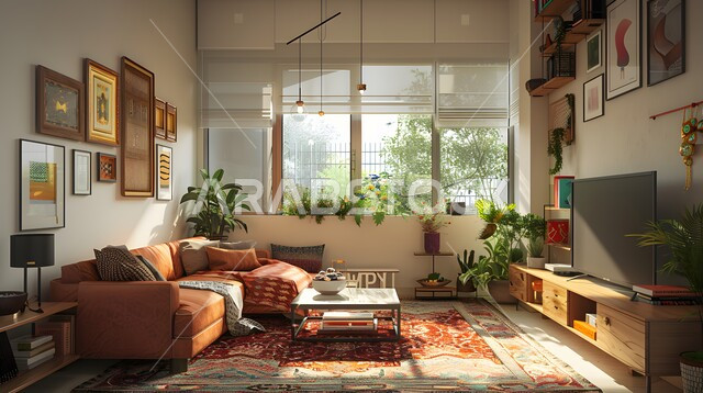 Living room with simple designs, distinct interior decorations, glass windows in living rooms, upscale home furniture, luxurious modern designs, residential villas and palaces, interest in green ornamental house plants