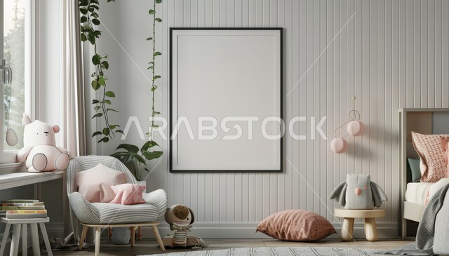 لوحة بيضاء فارغة معلقة على الجدار، التصاميم والديكورات العصرية على الطراز الحديث، غرفة نوم الأبناء بديكور بسيط، الأثاث المنزلي الراقي، الشقق والفلل السكنية في المملكة العربية السعودية، الاهتمام بالألعاب ونبات الزينة